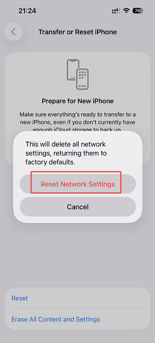 Transfer or Reset iPhone interface with the Reset Network Settings confirm option selected.