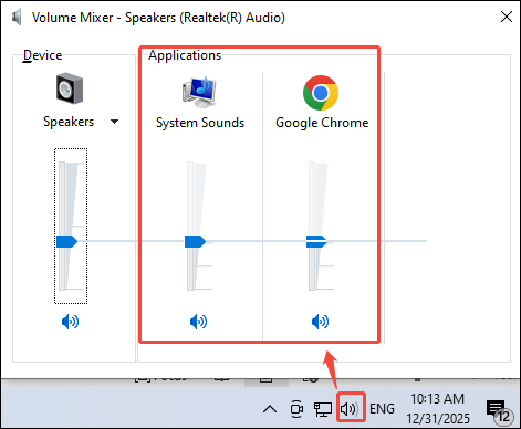 Windows Volume Mixer interface with system sound and browser sound enabled.