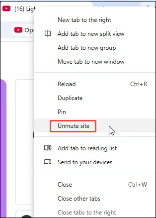 Google Chrome interface with the Unmute site option selected for the YouTube webpage.