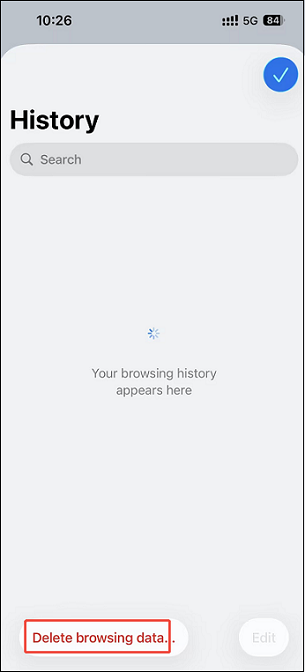 iPhone Chrome History interface with the Delete browsing data option selected.