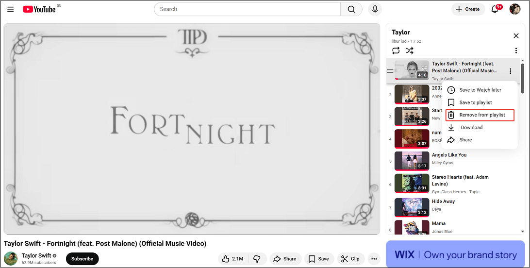 YouTube interface with Remove from playlist selected in the More options list.