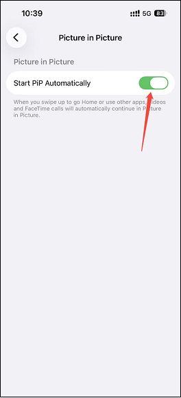 iPhone Picture in Picture settings interface with the Start PiP Automatically button enabled.