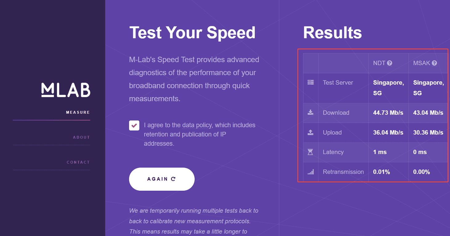 Measurement Lab interface with the Internet speed test results shown on the right side.