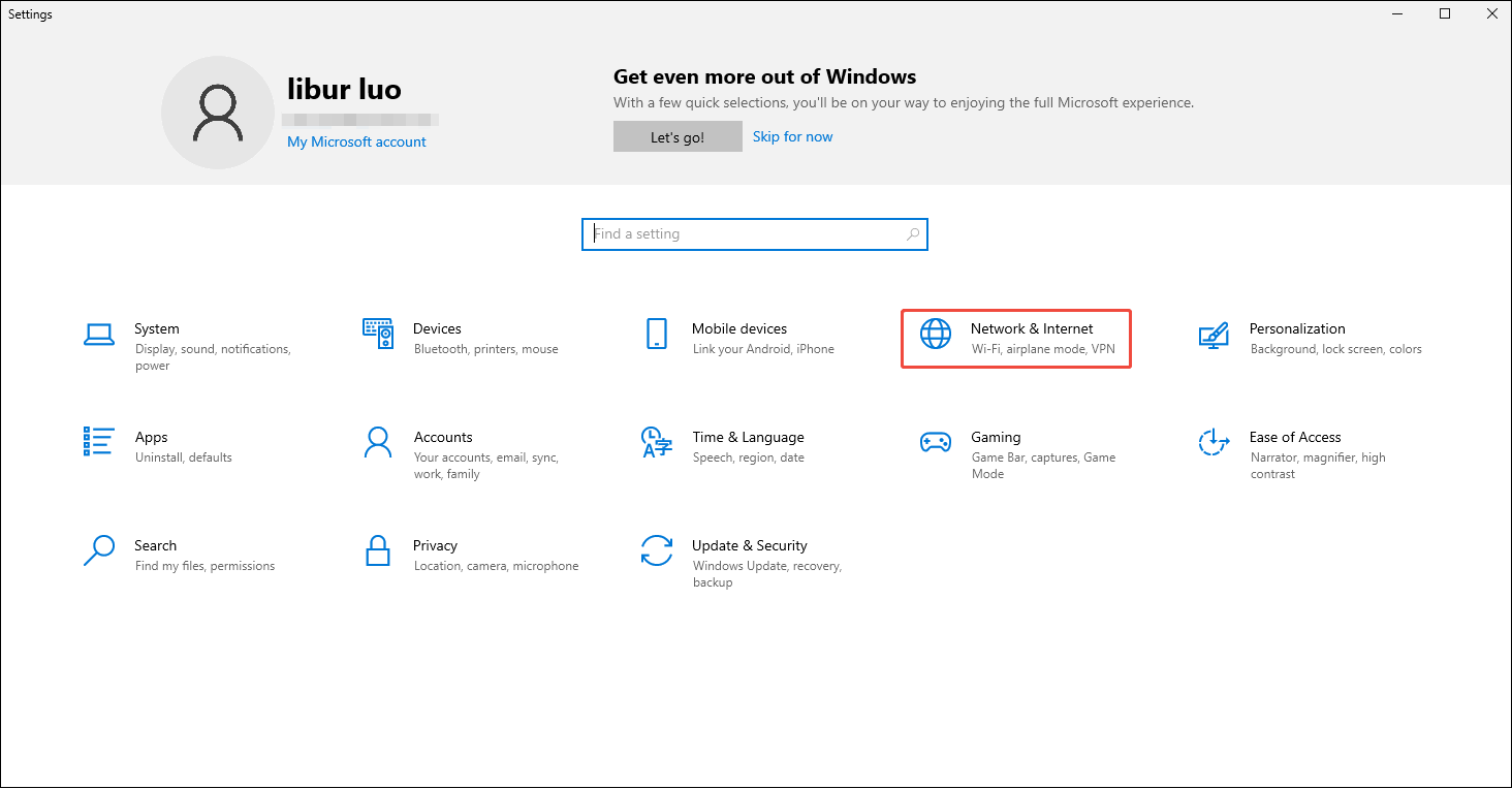 Windows Settings interface with the Network & Internet option selected.