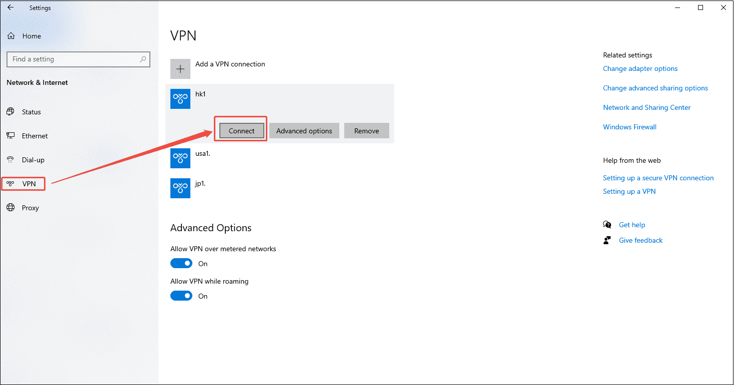Network & Internet Settings interface with the Connect option under the VPN tab selected.