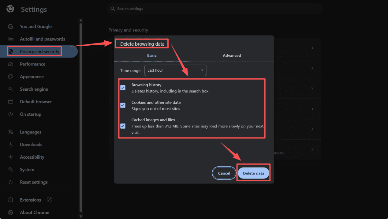 The Google Settings interface showing how to delete the cached data.