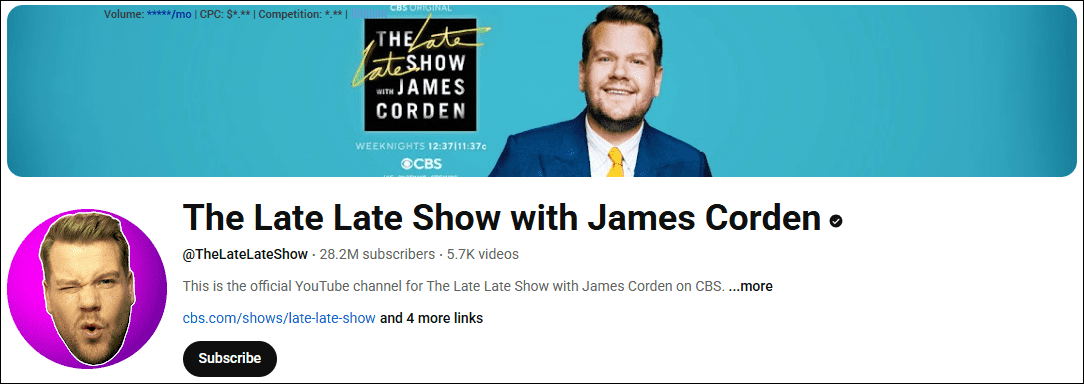 The homepage of the YouTube TV show, The Late Late Show with James Corden.