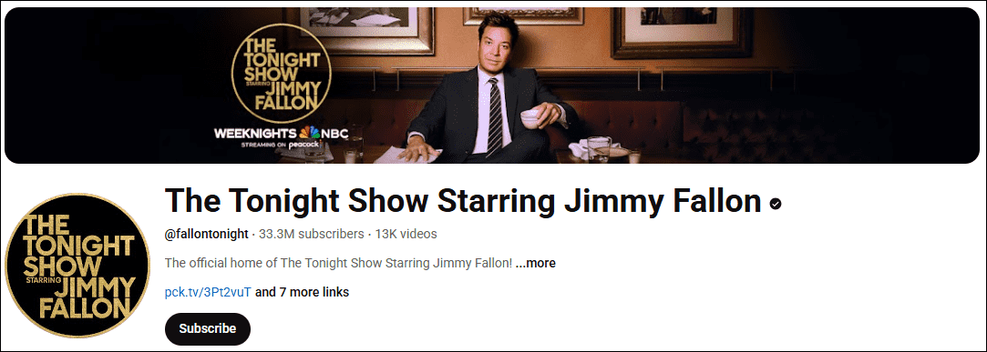 The homepage of the YouTube TV show, The Tonight Show Starring Jimmy Fallon.