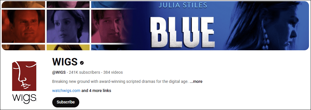 The homepage of the YouTube TV show, WIGS.