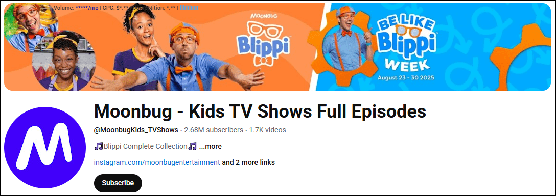 The homepage of the YouTube TV show, Moonbug - Kids TV Shows Full Episodes.