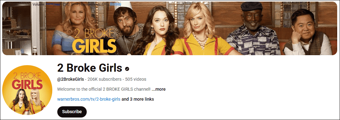 The homepage of the YouTube TV show, 2 Broke Girls.