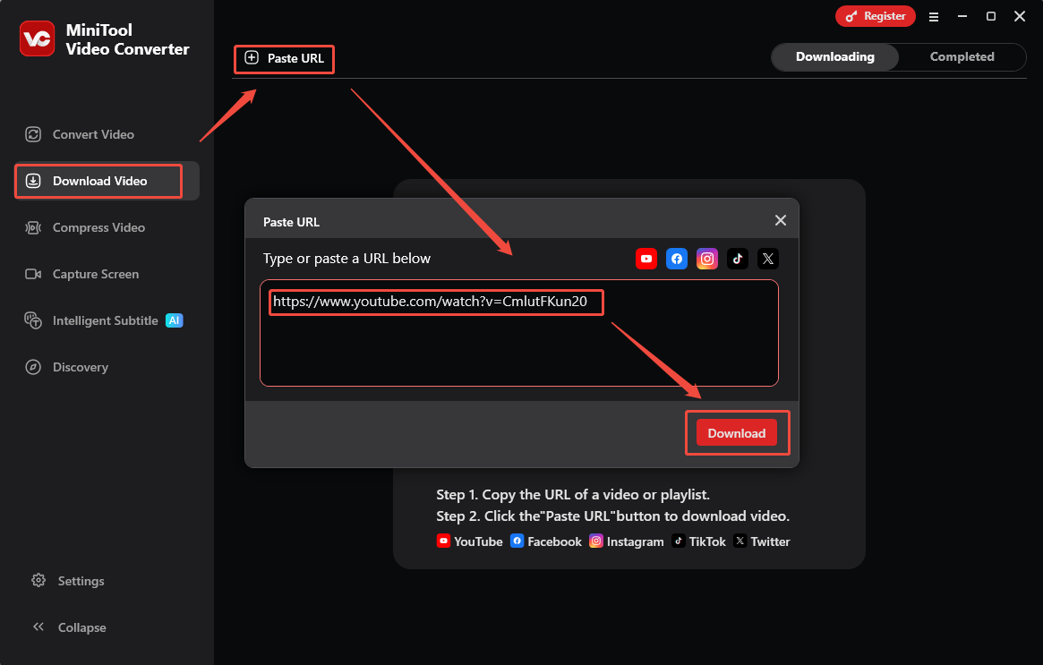 The MiniTool Video Converter interface showing how to use a URL to download a video.