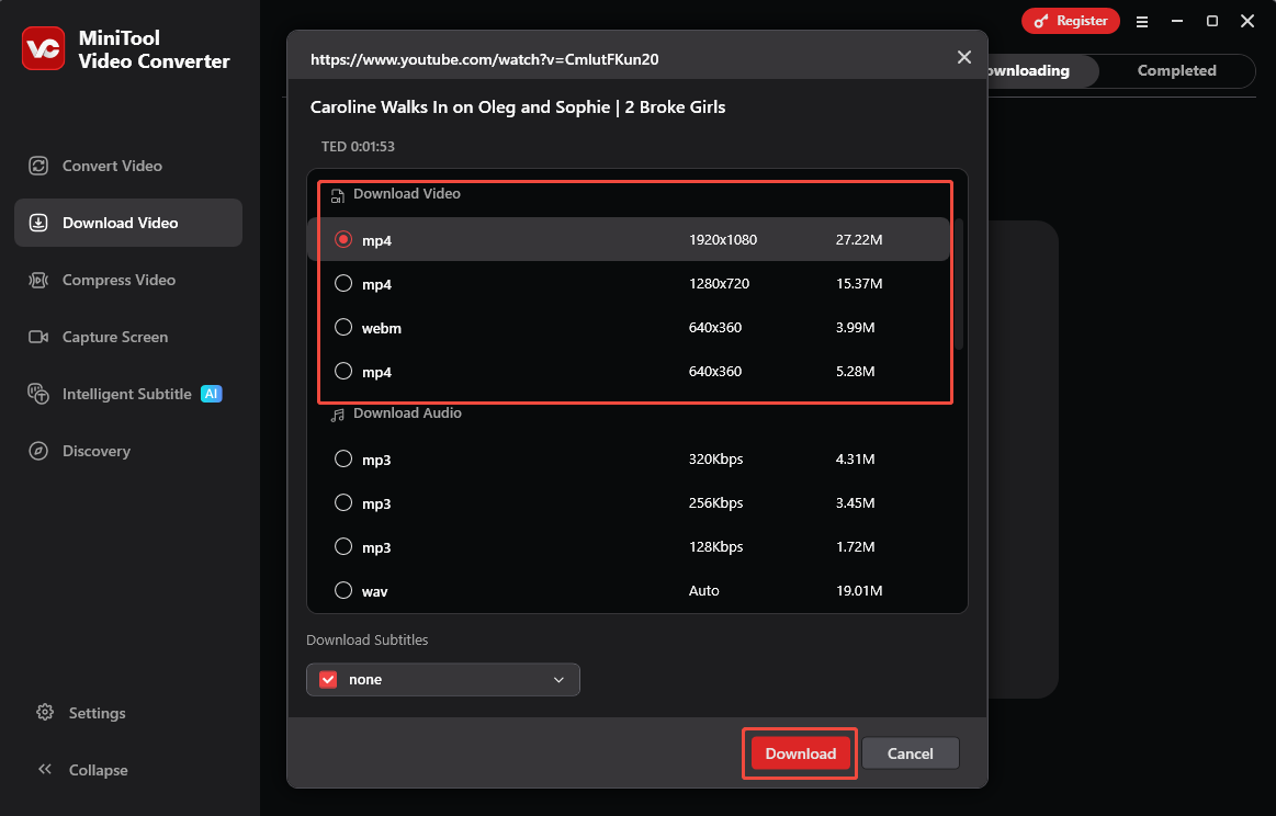 The MiniTool Video Converter interface with the Download Video module and Download option selected.