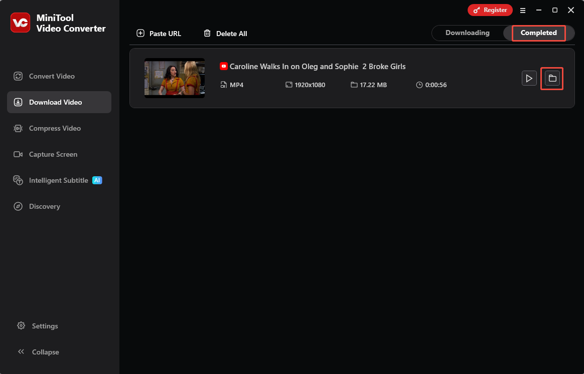 The MiniTool Video Converter interface with the Completed and folder options selected.