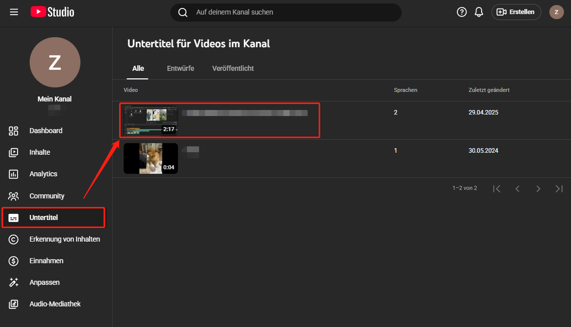 YouTube-Studio-Oberfläche, die zeigt, wie man die Video-Untertitel findet.