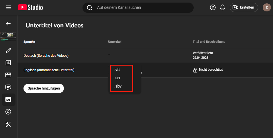 YouTube-Studio-Oberfläche, in der die drei herunterladbaren Untertitelformate VTT, SRT und SBV hervorgehoben sind.