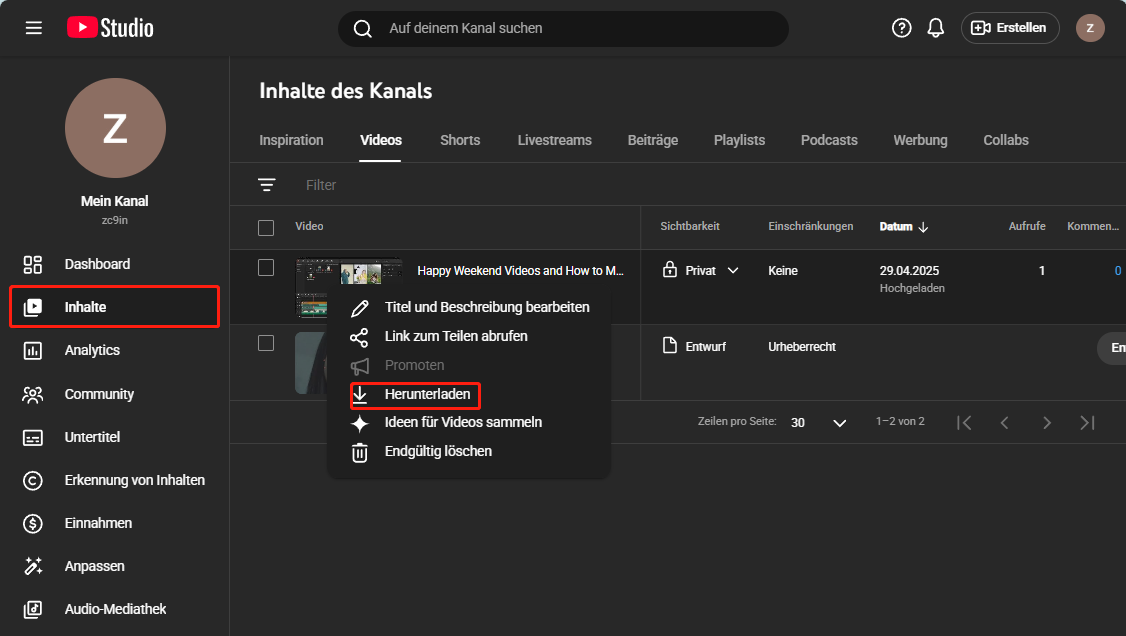 YouTube-Studio-Oberfläche, die zeigt, wie man das eigene YouTube-Video herunterlädt.