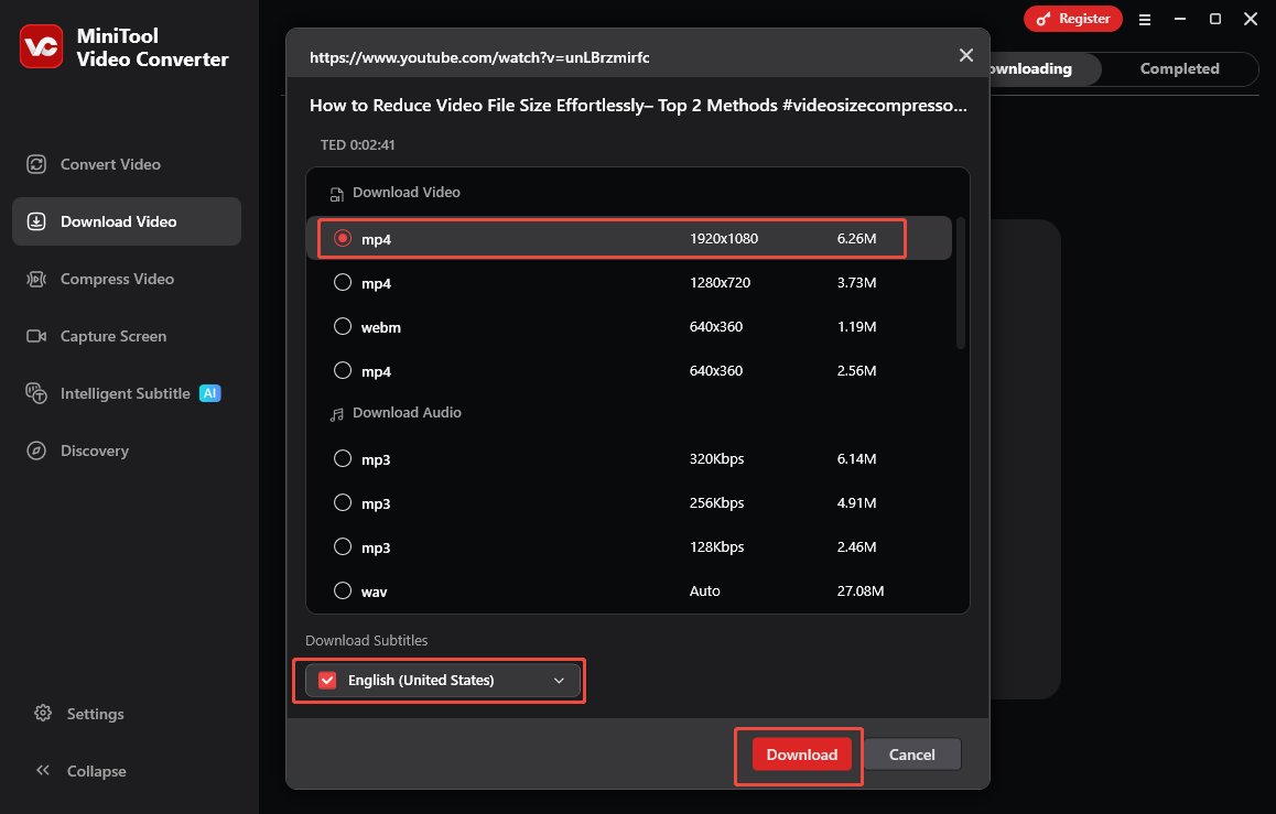 MiniTool-Video-Converter-Oberfläche mit ausgewähltem Videoformat, Untertitelsprache und Download-Option.
