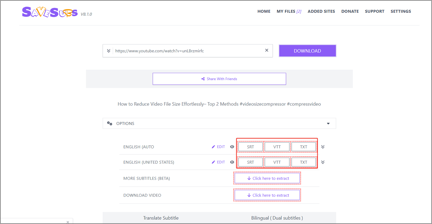 Savesubs-Oberfläche mit hervorgehobenen Untertitelformaten SRT, VTT und TXT.