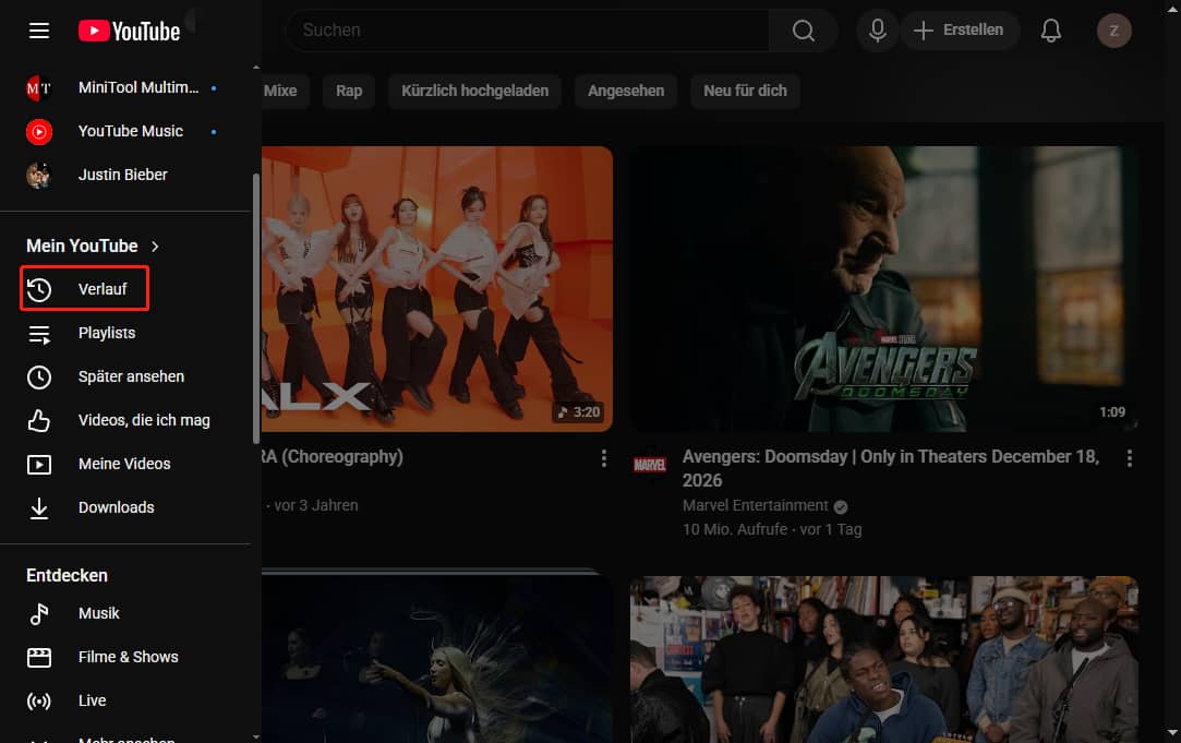 YouTube-Startseite mit ausgewähltem Verlauf-Button.