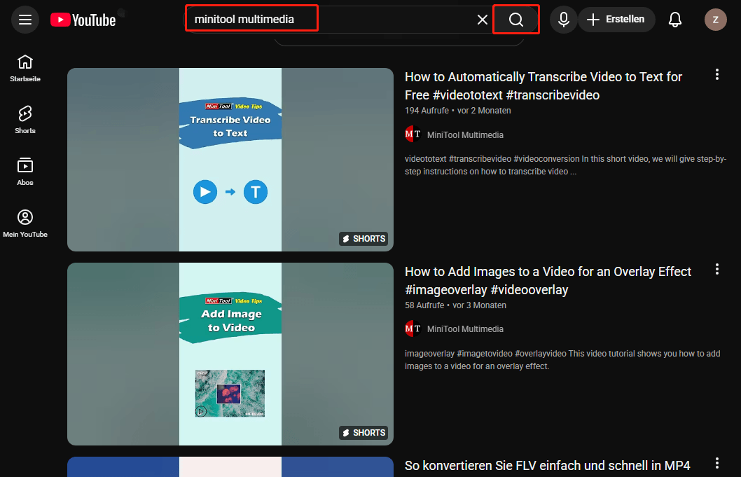 YouTube-Oberfläche mit eingegebenem Schlüsselwort und ausgewähltem Suchsymbol.
