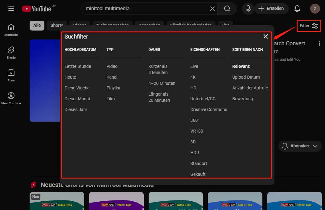 YouTube-Oberfläche, die zeigt, wie man das Video filtert.