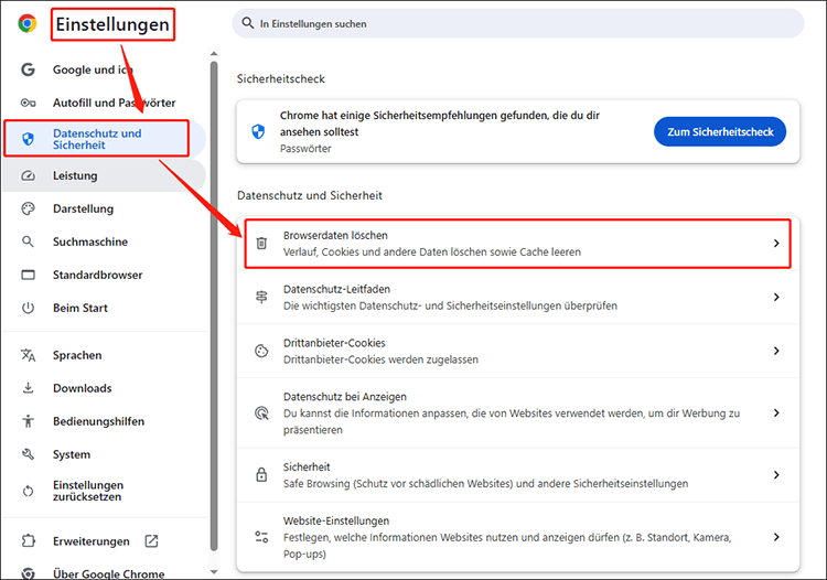 Klicken Sie auf drei Punkte > Einstellungen > Datenschutz und Sicherheit > Browserdaten löschen in Google Chrome.