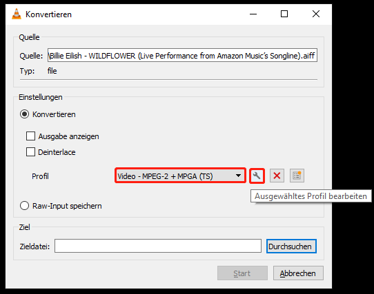 Auswahl von Video – MPEG-2 + MPGA (TS) im Dropdown-Menü Profil und Klick auf Ausgewähltes Profil bearbeiten in VLC.