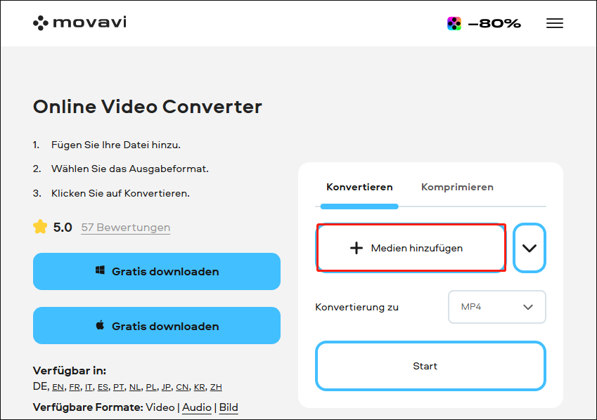Klick auf die Schaltfläche + Your Media hinzufügen, um das heruntergeladene YouTube-Video in diesen Online-TS-Konverter hochzuladen.