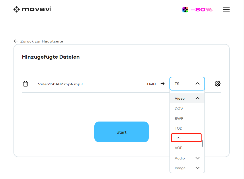 Auswahl des TS-Formats, um das YouTube-Video über Movavi in TS-Dateien zu konvertieren.