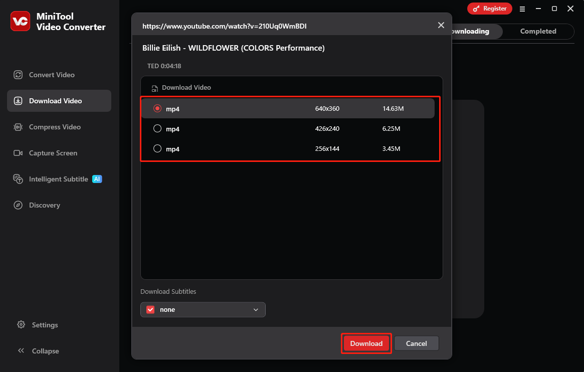 Auswahl von Videoformat und -auflösung und Klick auf Herunterladen, um den Download in MiniTool Video Converter zu starten.