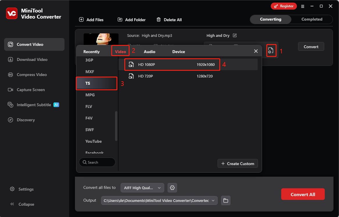 Klick auf das Diagonalpfeil-Symbol, Auswahl der Registerkarte Video, Klick auf das TS-Format und Auswahl einer Auflösungsoption in MiniTool Video Converter.