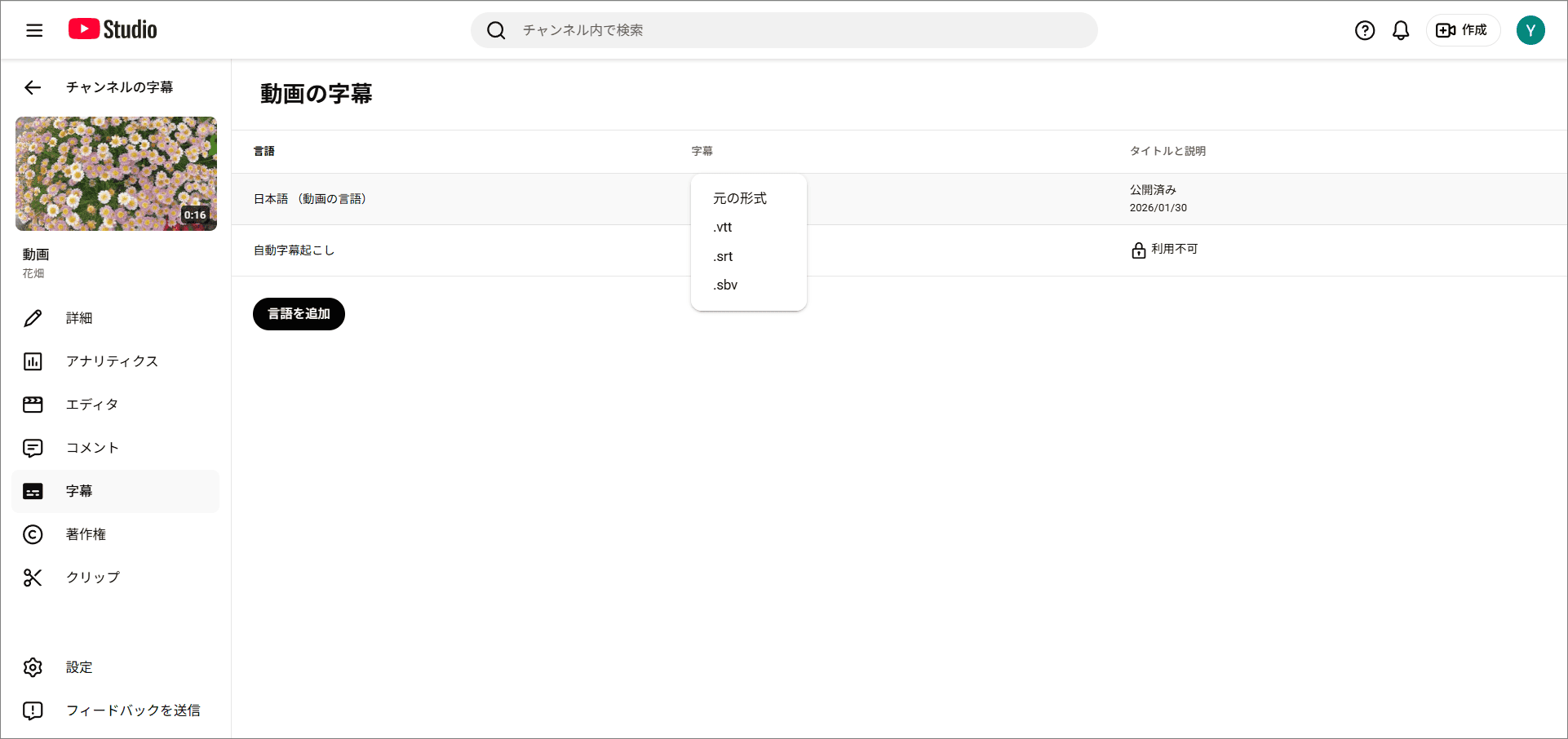 ダウンロード可能な3つの字幕形式（VTT、SRT、SBV）が強調表示されたYouTube Studioインターフェース