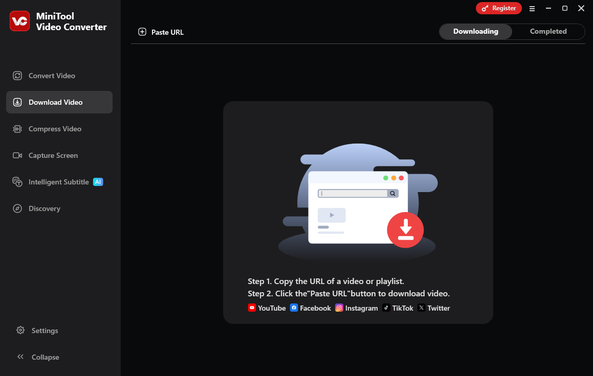 Die Hauptoberfläche von MiniTool Video Converter im Bereich Download Video.