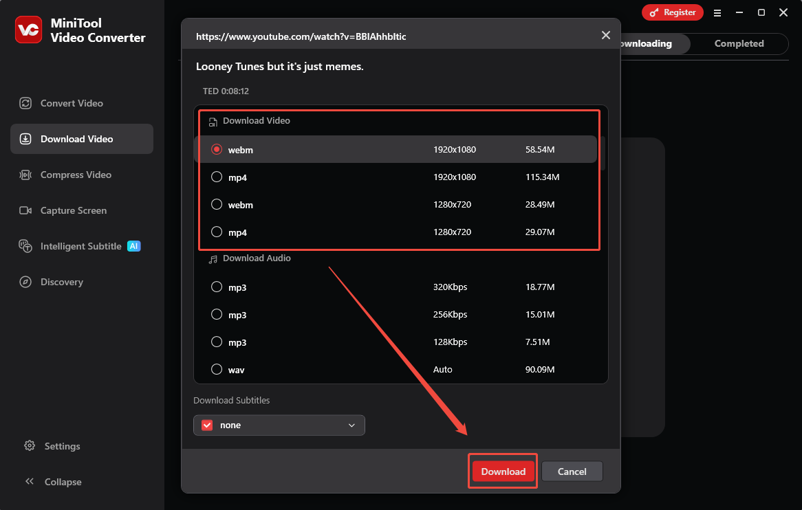 Die MiniTool-Video-Converter-Oberfläche, die zeigt, wie die YouTube-Videoquelle heruntergeladen wird.