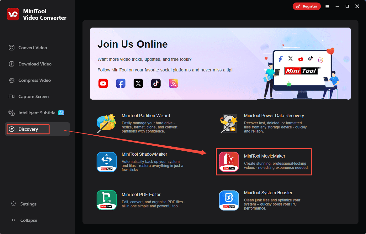 Die MiniTool-Video-Converter-Oberfläche, die zeigt, wie MiniTool MovieMaker heruntergeladen wird.