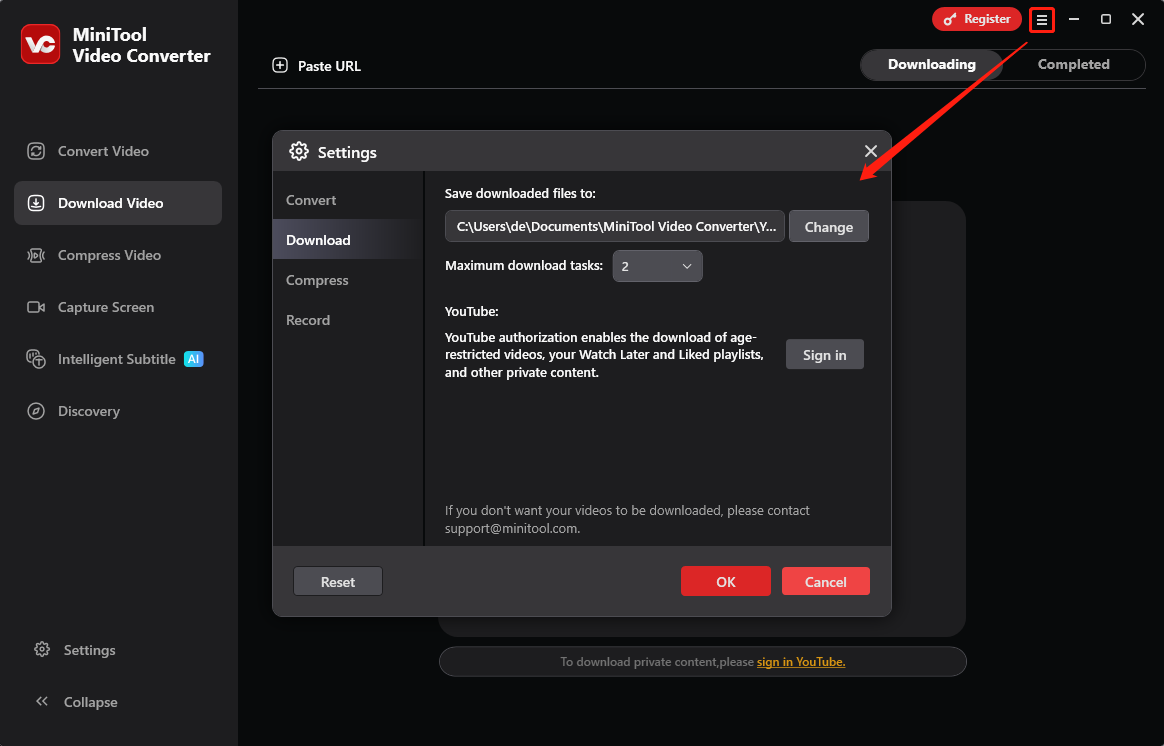 Voreinstellungen vor dem Download.