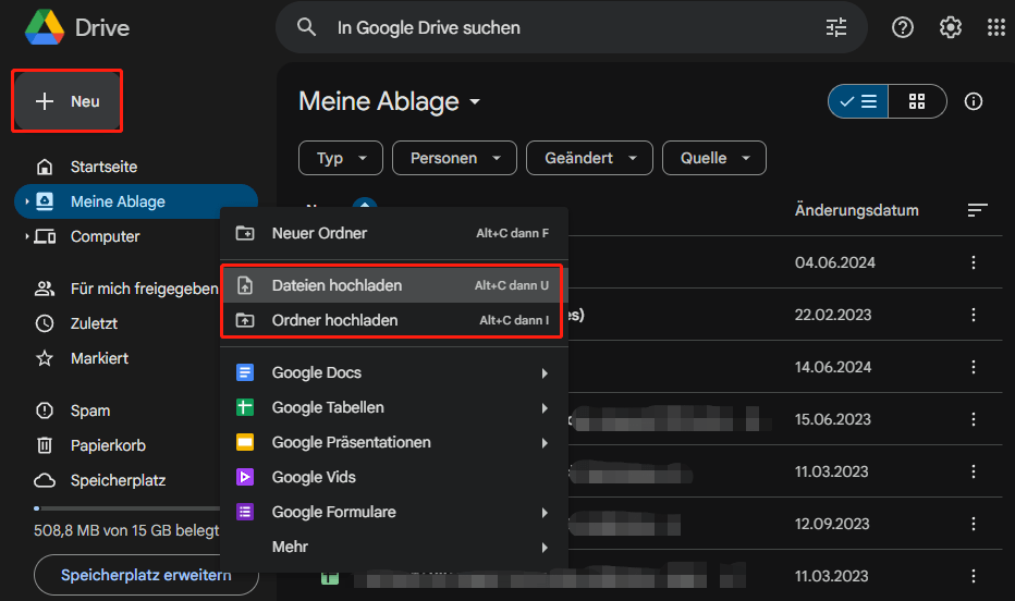 Dateien oder Ordner zu Google Drive hochladen.