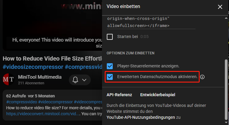 YouTube-Oberfläche mit ausgewählter Schaltfläche Erweiterten Datenschutzmodus aktivieren.