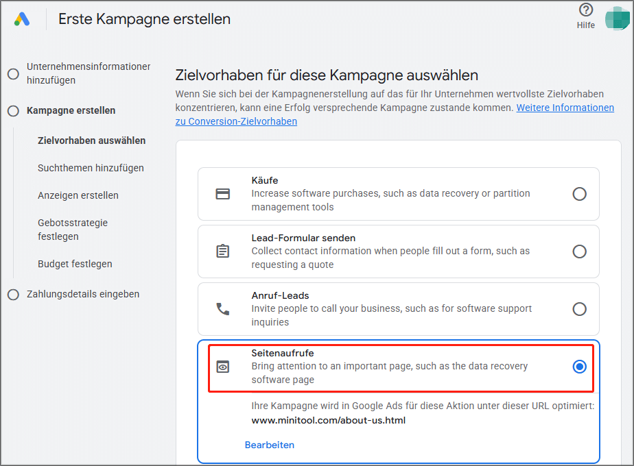Die Zielauswahloberfläche von Google Ads mit ausgewählter Option Seitenaufrufe.