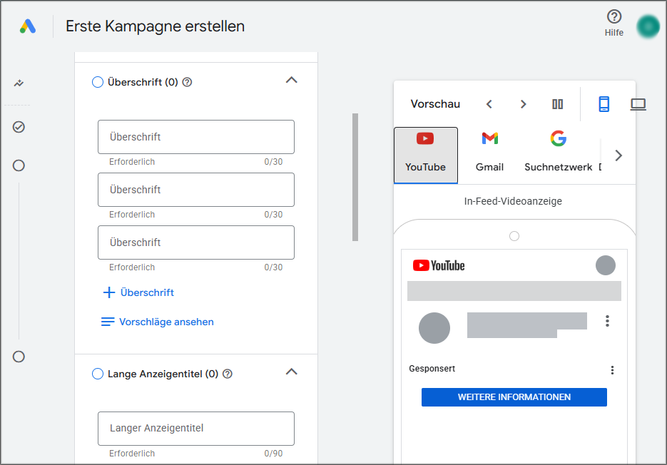 Die Informations-Eingabeoberfläche in Google Ads.