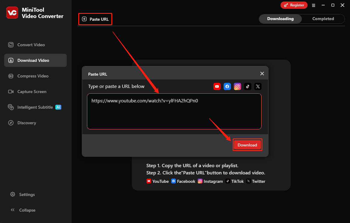 Eingabe von Schlüsselwörtern in das Suchfeld und Auswahl des Download-Symbols in MiniTool Video Converter.