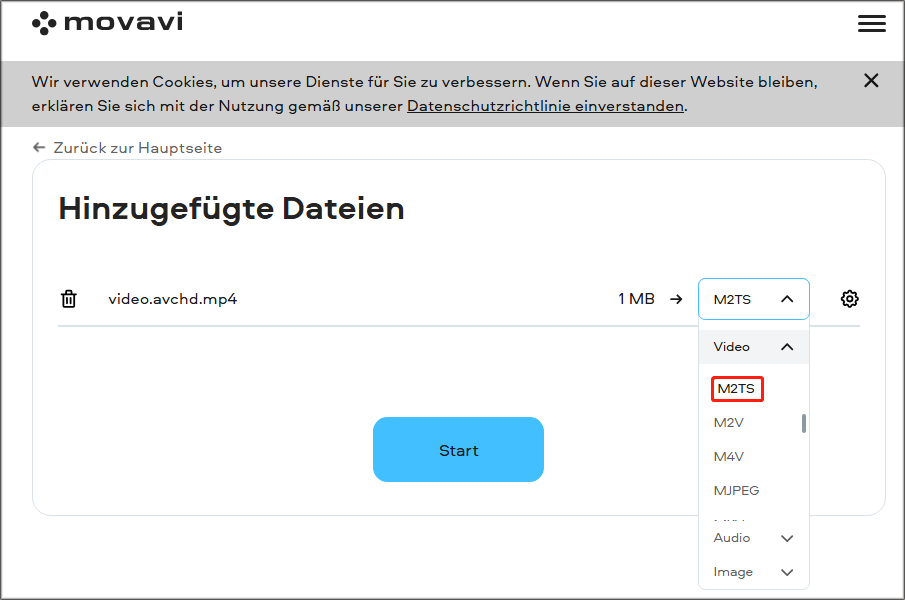 Auswahl des Ausgabeformats M2TS in Movavi Online Video Converter.
