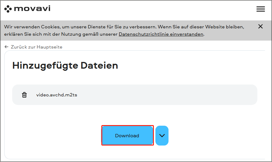 Auswahl der Schaltfläche Download zur Speicherung der M2TS-Datei in Movavi Online Video Converter.