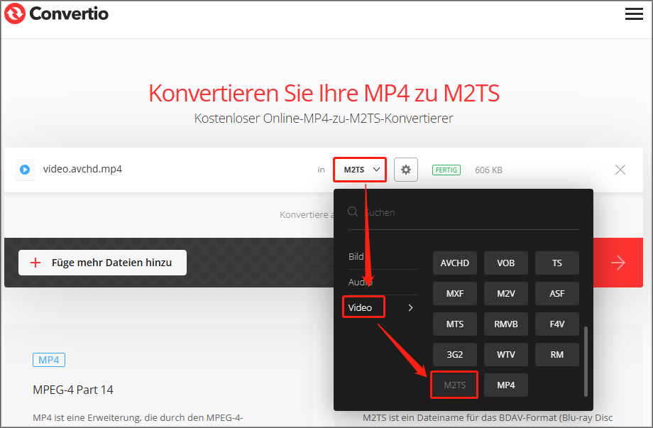 Auswahl des M2TS-Formats als Zielformat in Convertio.