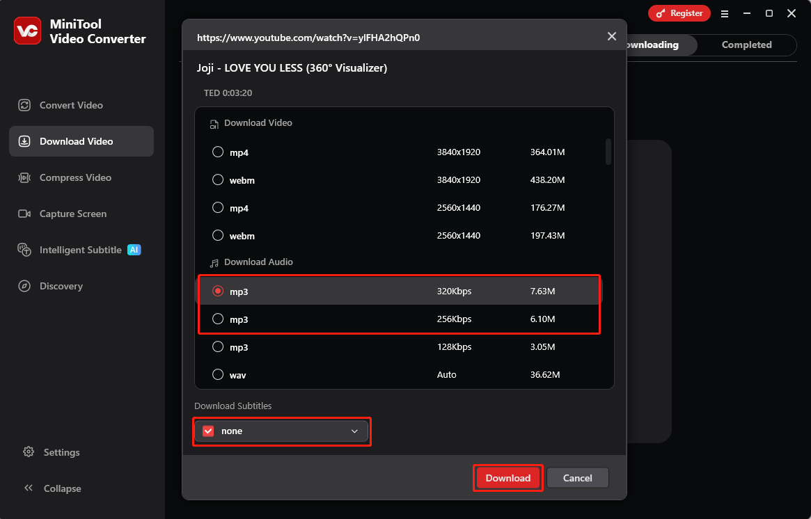 Auswahl von Downloadformat und Qualität, Aktivierung des Kontrollkästchens Untertitel und Auswahl der Schaltfläche Herunterladen in MiniTool Video Converter.