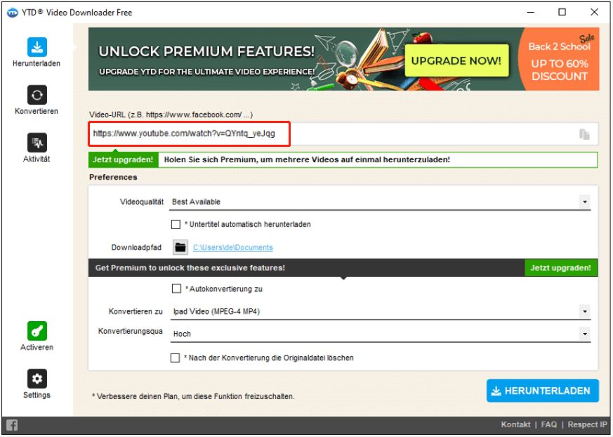 Einfügen des Videolinks in das Eingabefeld URL des herunterzuladenden Videos in YTD Video Downloader.