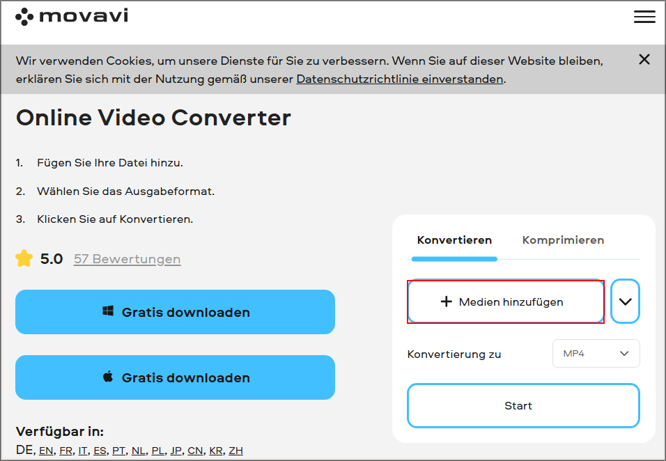 Auswahl der Schaltfläche + Eigene Medien hinzufügen zum Import des YouTube-Videos in Movavi Online Video Converter.