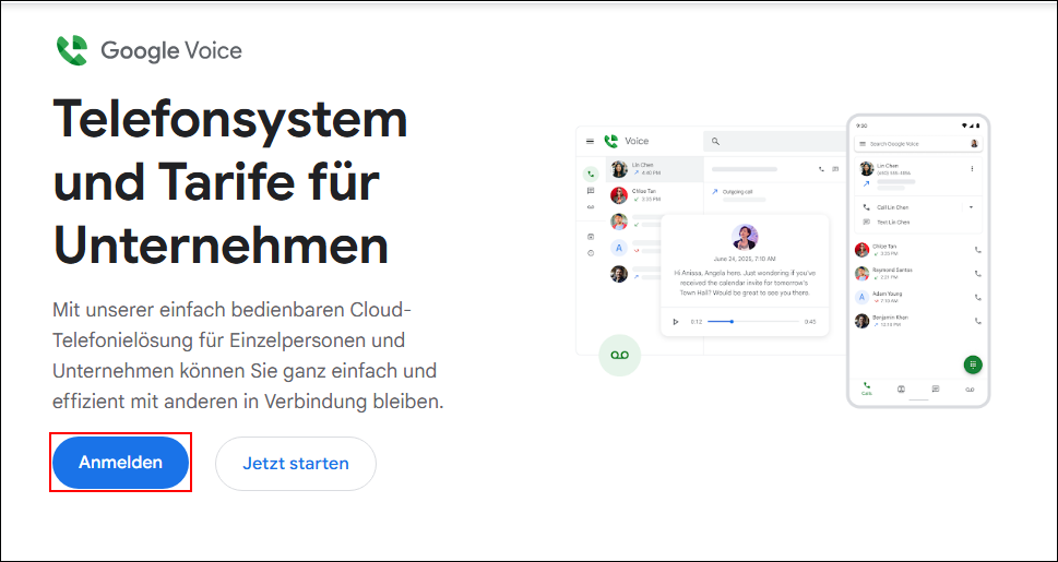 Gehen Sie auf die Google-Voice-Webseite und klicken Sie auf „Anmelden“, um sich mit Ihrem Google-Konto anzumelden.