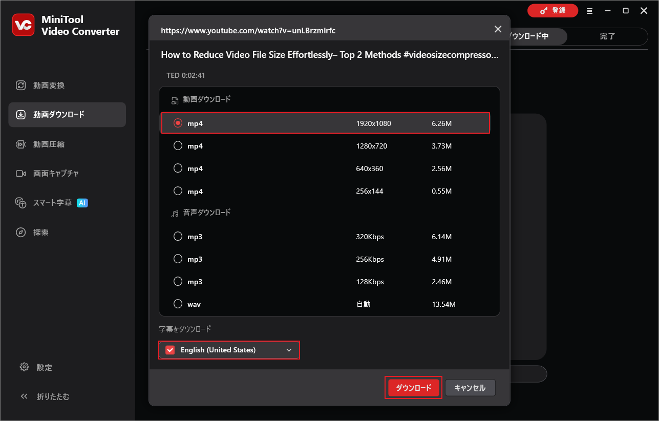 MiniTool Video Converterの解析結果画面でMP4形式と字幕オプションが強調表示されている様子